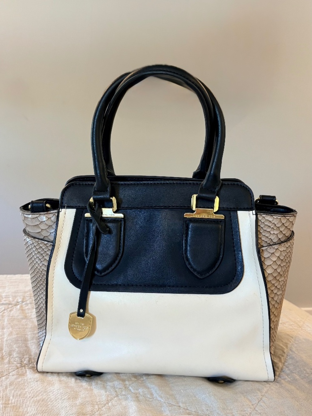 London Fog Dark Navy/Cream/Textured Faux Snake Skin Dual Handle Satchel Purse